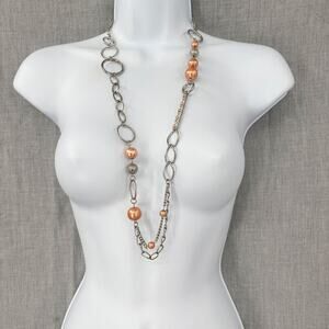 Long Silver-Tone Chain Necklace with Peach Beads 32"-35" Lobster Clasp Y2K Style